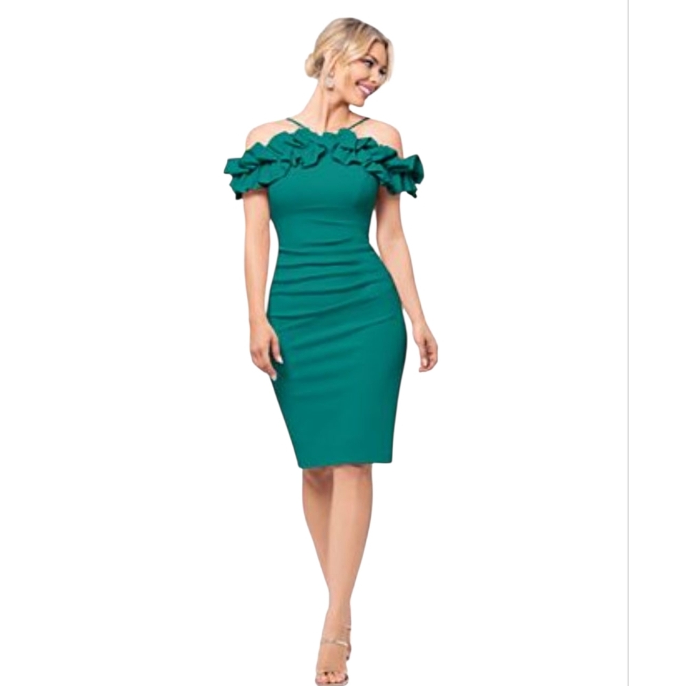 Xscape Scuba Crepe Off The Shoulder Halter Neck Ruffle Trim Pleated Dress